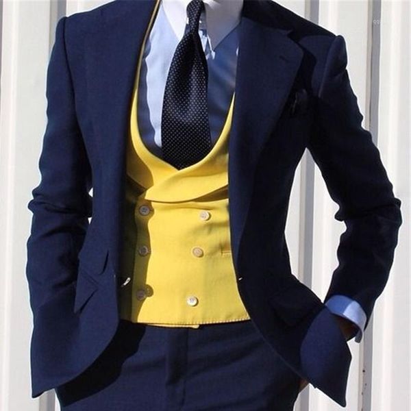 

slim fit navy men suits for wedding 3 piece groom tuxedos notched lapel gentleman set jacket yellow vest with pants man fashion1, White;black
