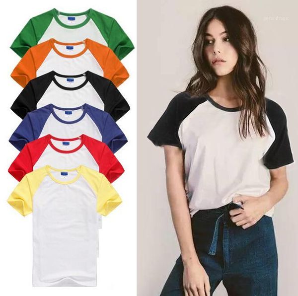 

t shirt women summer causal ringer tee women cotton short sleeve basic solid t-shirt color patchwork1, White