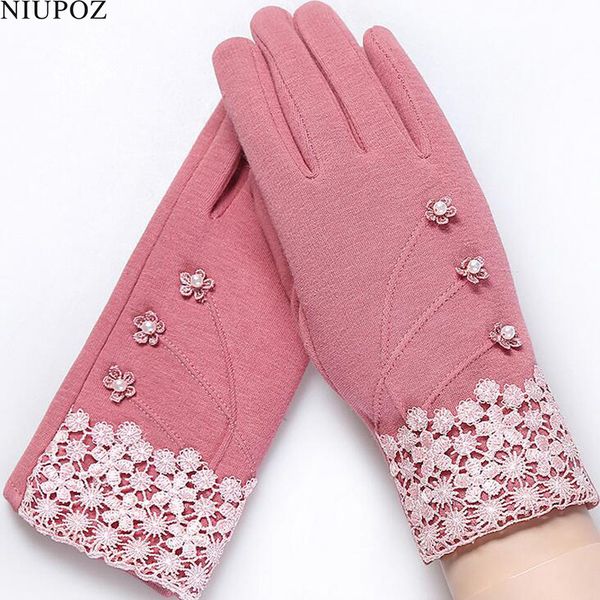 

fashion elegant womens touch screen gloves winter ladies lace warm cashmere bow full finger mittens wrist guantes gift 16a-f, Blue;gray