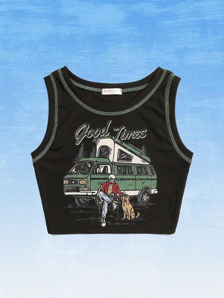

romwe x frmlsstudio stitching trim letter skull & dog graphic tank b9wt#, White