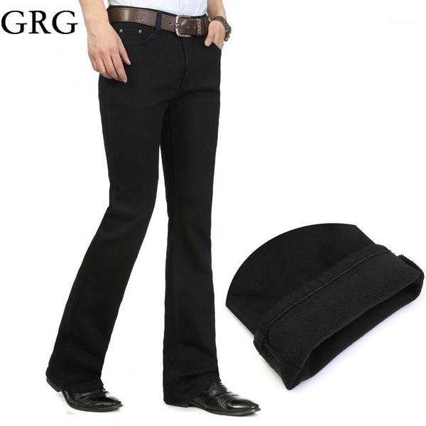 

men winter worm fleece color black boot cut jeans business casual flare pants mid waist trousers1, Blue