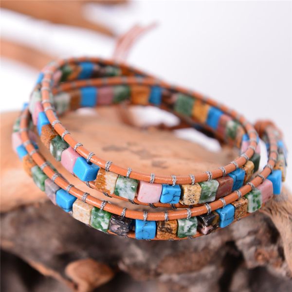 

new women leather bracelets high end mix natural stones 2 strands wrap bracelets vintage weaving bead bracelet friendship y200918, Black