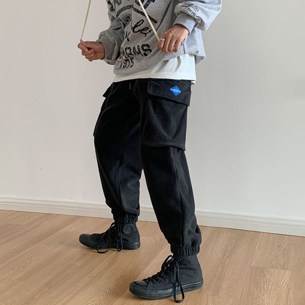 

2021 men's thickened warm autumn winter new man casual oversize solid color trousers korean streetwear cargo pants s43p, Black