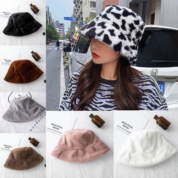 

women winter solid color cow print bucket hat fuzzy plush outdoor warm wide brim vacation harajuku panama fisherman cap, Blue;gray