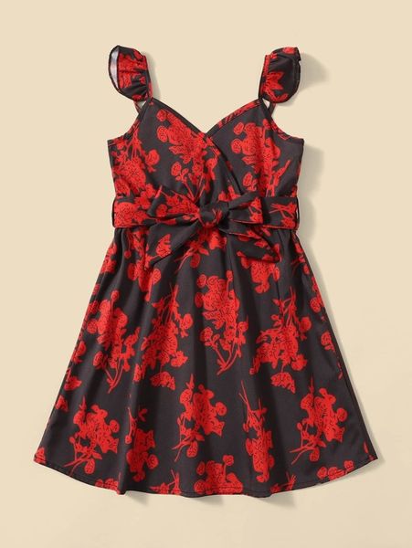 

toddler girls 1pc floral print ruffle trim belted dress she, Red;yellow