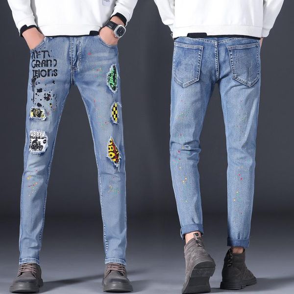 

men's jeans 2021 hole patch print splash ink casual light color slim fashion pants, Blue