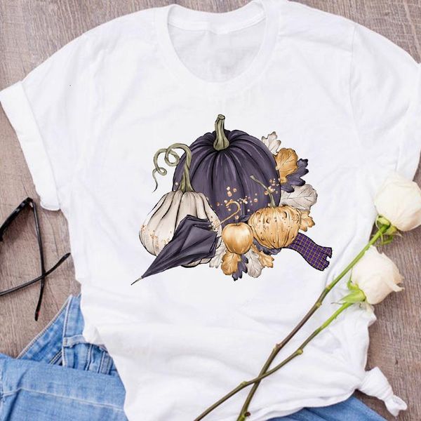 

women graphic cartoon pumpkin season fashion autumn fall halloween clothes lady tees print female t shirt womens t-shirt, White