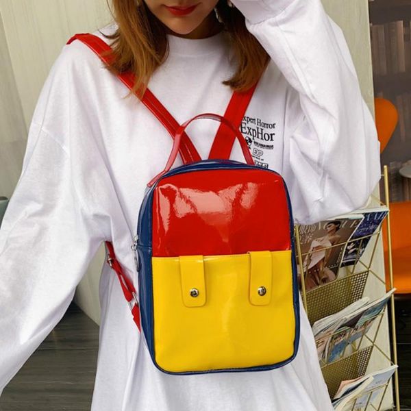

gykaeo youth girls fashion hit colors bag pack women patent leather shopping backpacks ladies patchwork small mochila feminina