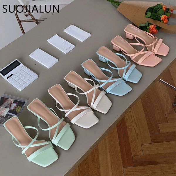 

suojialun women summer slipper fashion narrow band slip on open toe sandals casual outdoor square heel slides women slipper x1020, Black