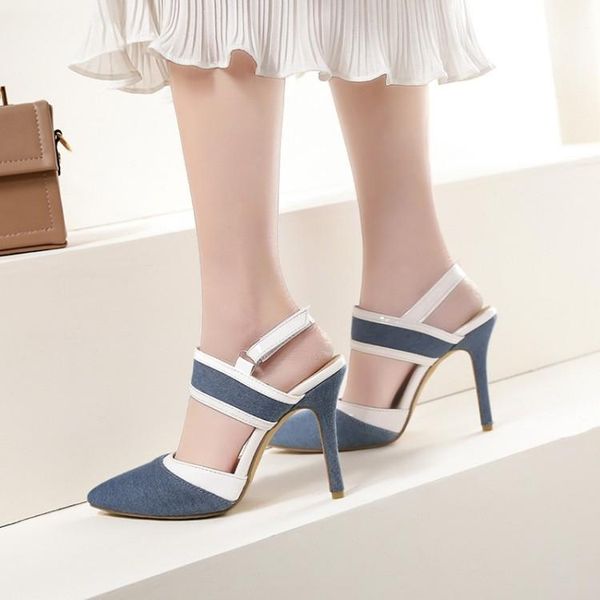 

big size high heels sandals women shoes woman summer ladies blue patchwork high heeled sandals, Black
