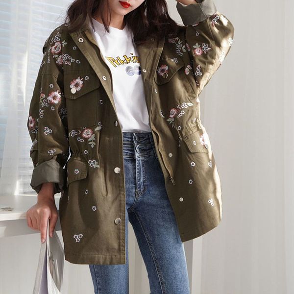 

chaquetas mujer autumn vintage flower embroidery women's tooling trench plus size fashion casual windbreaker coat 1028, Tan;black