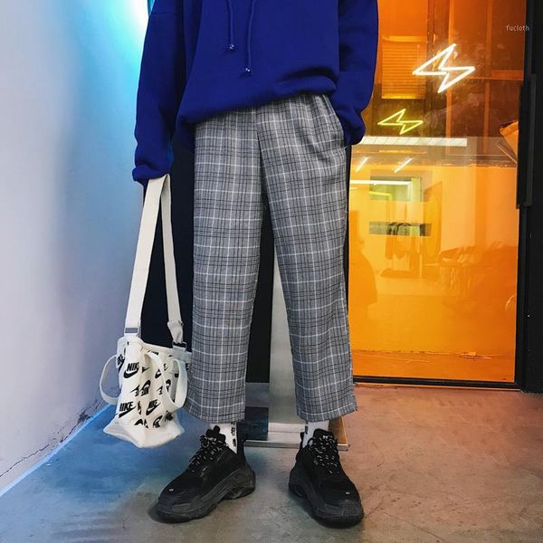 

2020 men's fashion plaid printing cotton casual pants straight youth loose trousers joggers sweatpants m-xl1, Black