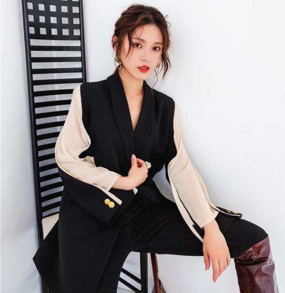 

black white patchwork women blazer jacket autumn notched transparent sleeve belted blazer suit coat casual outwear korean top, White;black