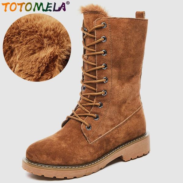 

boots totomela 2021 cow suede leather women lace up thick fur warm winter retro ladies mid calf snow female, Black