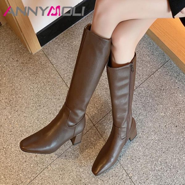 

annymoli genuine leather thick heels long boots women shoes zipper square toe high heel knee high boots ladies autumn winter 40, Black