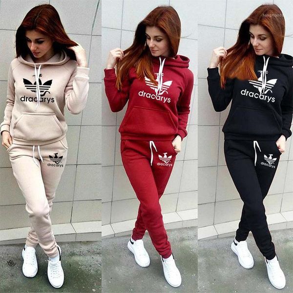 

autumn winter 2 piece set women hoodie pants printed tracksuit pullover sweatshirt trousers with pockets tracksuit suits1, White
