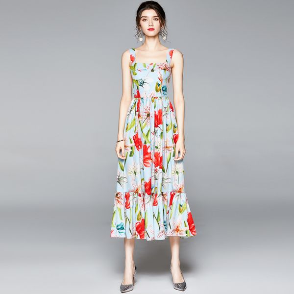 

s  l xl xxl new summer 2020 women sling dress sleeveless blue red flower print slim a line mid-calf sundress beach lady, Black;gray