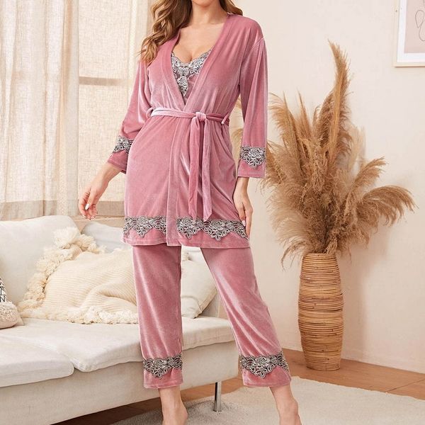 

golden velvet nightgown, набор кружевной атласной пижамы, с заостренным воротником, пижамой, весенней и зимней женской одеждой, вам четыре, Black;red