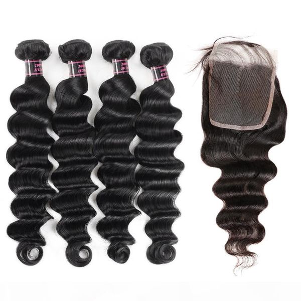 

good 8a brazilian hair deep loose hair extensions 4bundles with 4x4 lace closure loose deep human hair weave extensions wholesale price, Black