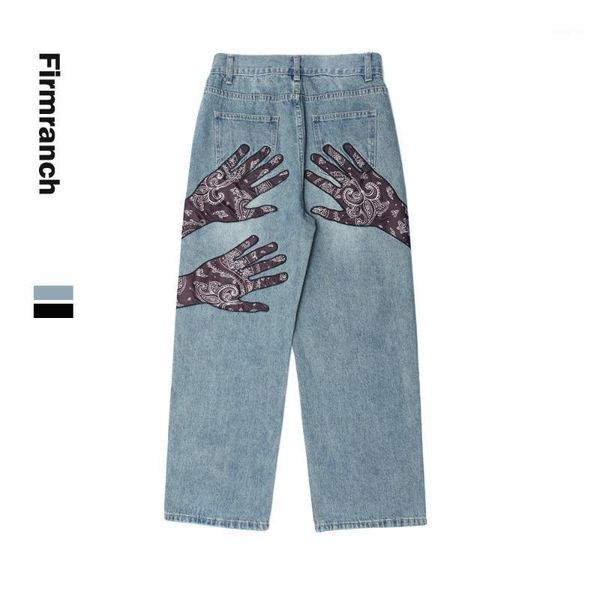 

firmranch fall winter men/women design sense hands applique straight denim pants vintage hip hop streetwear loose jeans male1, Blue