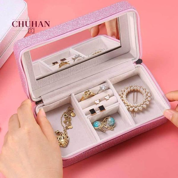 

chuhan portable jewelry box european style lovely travel earrings ring jewelry box multifunctional storage c310, Pink;blue
