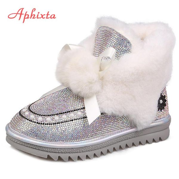 

aphixta 2020 crystals and pearl women short warm snow boots ball furry riband bow-knot winter plus fur women's ankle shoes, Black