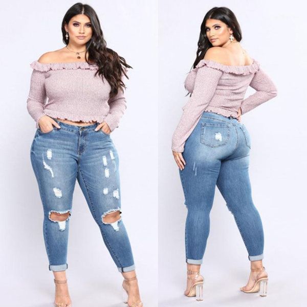

ripped jeans women big size xl-7xl hole torn jeans woman large size stretch tights female pants 2020 plus streetwear1, Blue