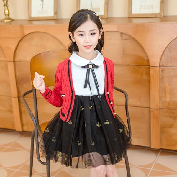 

2020 new girls' cardigan sweater drs autumn winter middle school princs children's skirt two piece set, Red;yellow