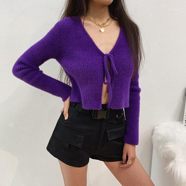 

women tie front fluffy cropped cardigan in rib1, White