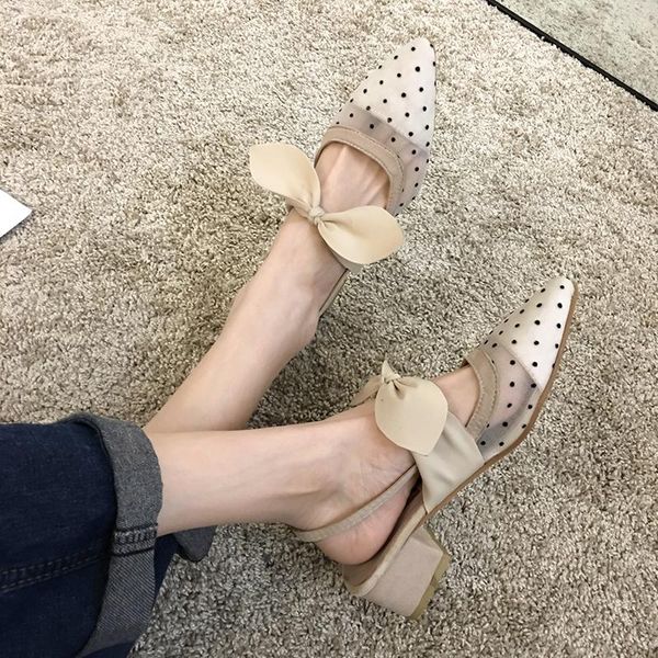 

women's shoes sandals 2020 summer new fashion bow pointed mesh gauze dot thick heels, Black
