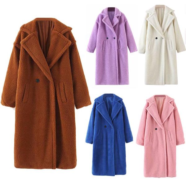 

aachoae winter casual solid teddy coat women long sleeve fleece long jacket turn down collar lamb fur coat outerwear fourrure, Black
