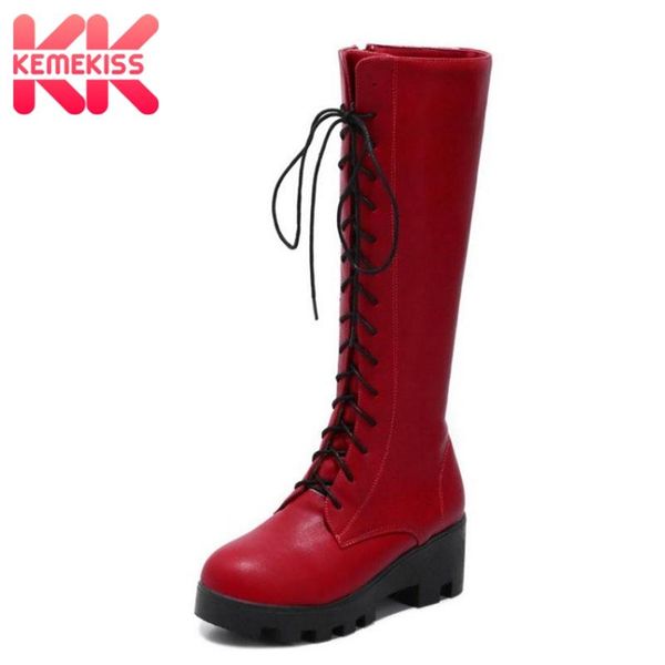 

kemekiss women knee boots fashion fur lace up round toe zipper high heel boots winter warm shoes women footwear size 34-43, Black