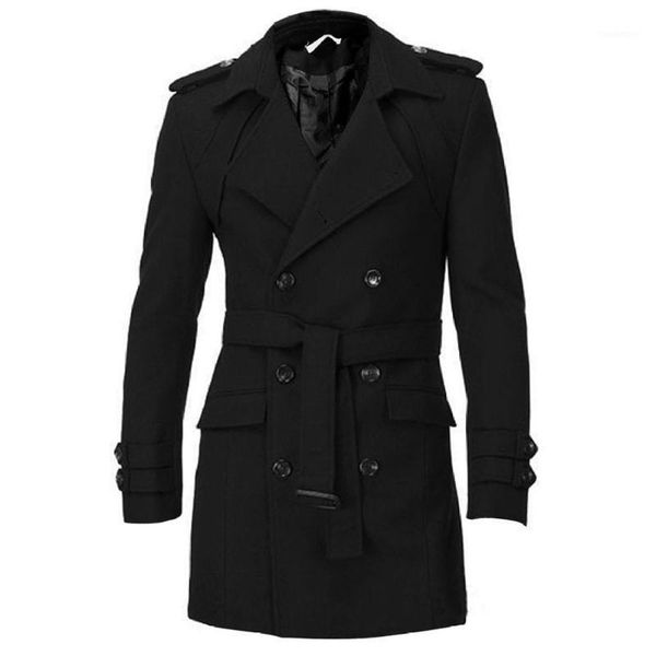 

2018 autumn and winter men's shoulder coat jacket jacket windbreaker belt simple solid color double-breasted long coat wool wool1, Black