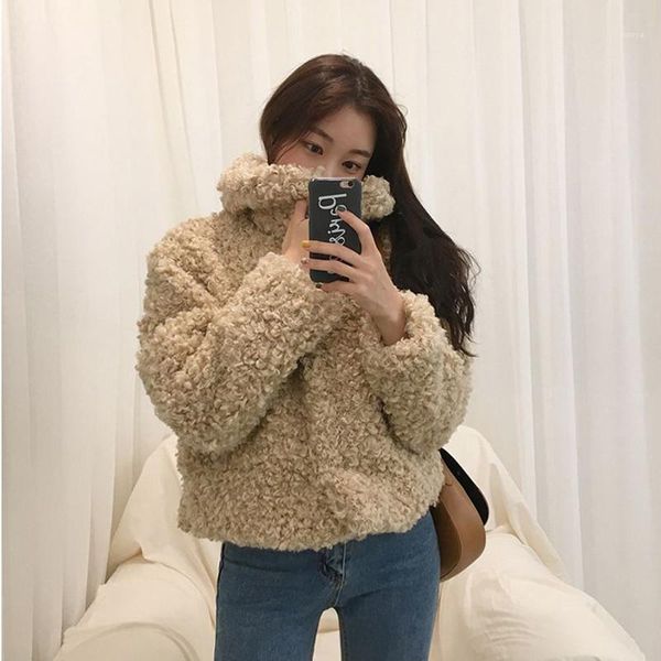 

2018 new lamb wool women coats high street solid teddy jackets and coats ladies slim fit thick winter faux fur cwf0142-51, Black