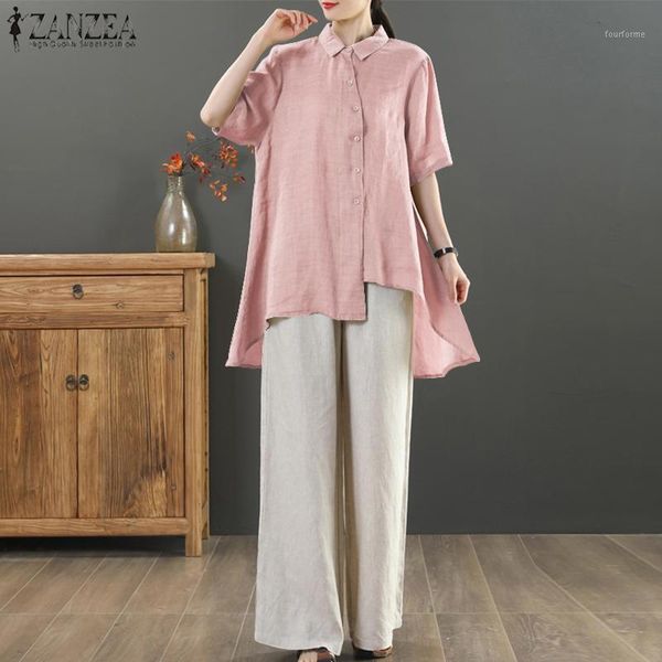 

women's blouses & shirts zanzea plus size women shirt summer asymmetrical blouse casual lapel neck short sleeve blusas chemise loose so, White