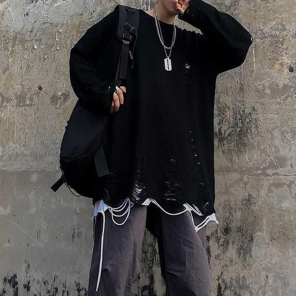 

ripped hole hip hop punk knitted sweater men women black gray harajuku vintage sweaters oversized pullover jersey1, White;black