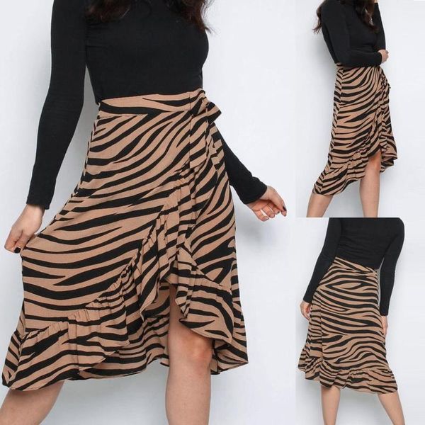 

womens ladies high fashion tie bow animal print ruffle hem frill wrap midi skirt #4m03 maxi skirt summer slim fit, Black