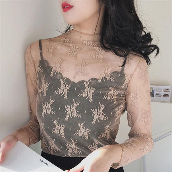 

sheer ladies crew neck women see through transparent mesh bodycon long sleeve turtleneck blouse, White