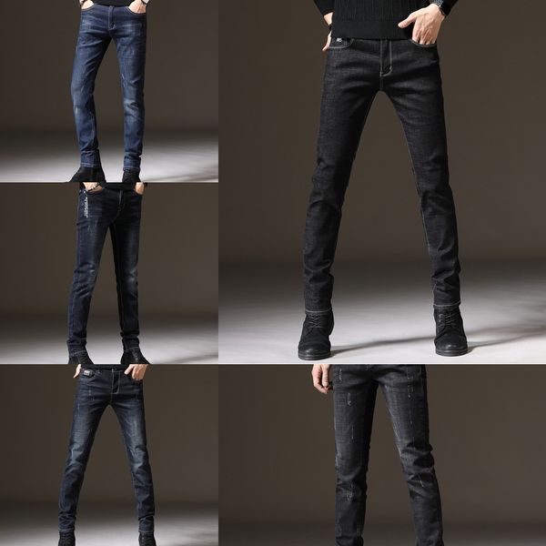 

high-end jeans men's slim jeans and trousers and trousers fit small feet long pants autumn straight stretch business men's pants g, Blue