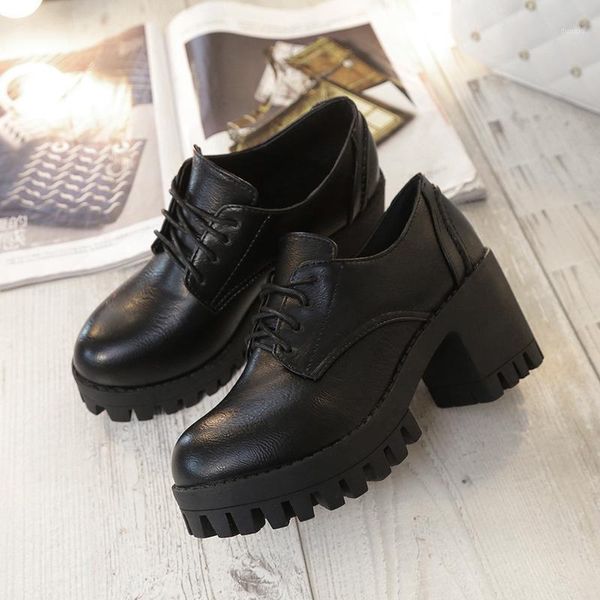 

boots 2021 british women's shoes college wind rough, straight round head, high heel bullock lace, students' leather shoes.1, Black