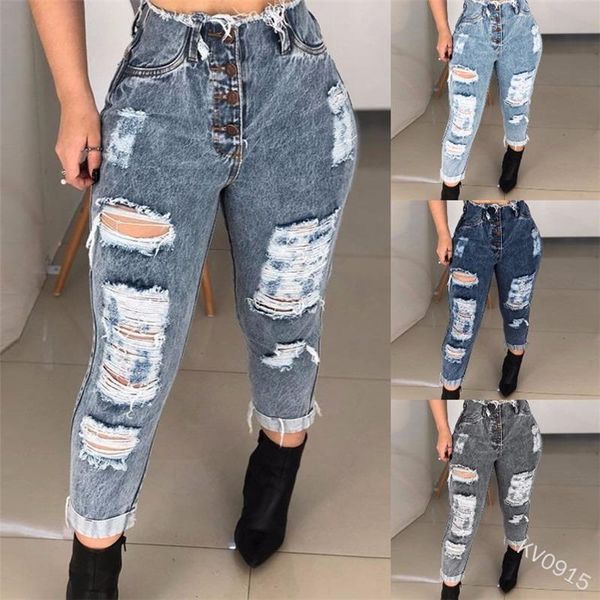 

women's jeans ripped for women high waist washed slim fit with metal buttons plus size casual womens lugentolo, Blue