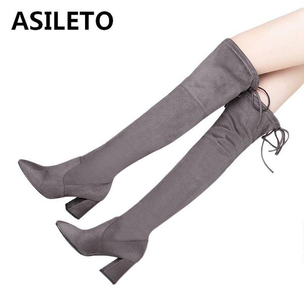 

asileto flock женщин ботинки большого размера над коленом квадратный каблук сапоги botas femininos заостренный toe зашнуровать длинные женск, Black