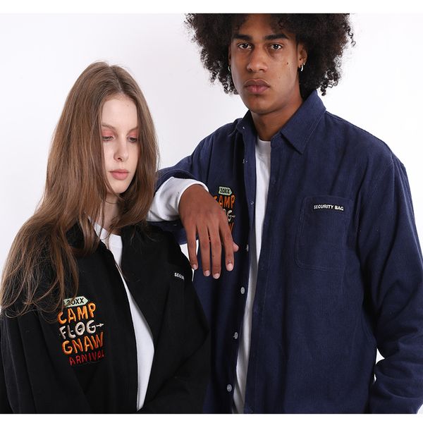 

2021 new men solid sleeve letter formal embroidery from vintage oversize cotton velvet shirt men's shirts l1fv, White;black