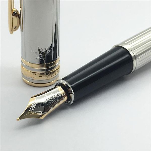 

yamalang writing supplies metal fountain pen classic 163 luxury gift silver lines trim medium nib fountain-pen