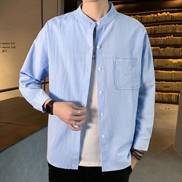 

hcxy brand mens cotton shirts nine-point sleeves korean style solid color shirts for men loose style casual shirt male1, White;black