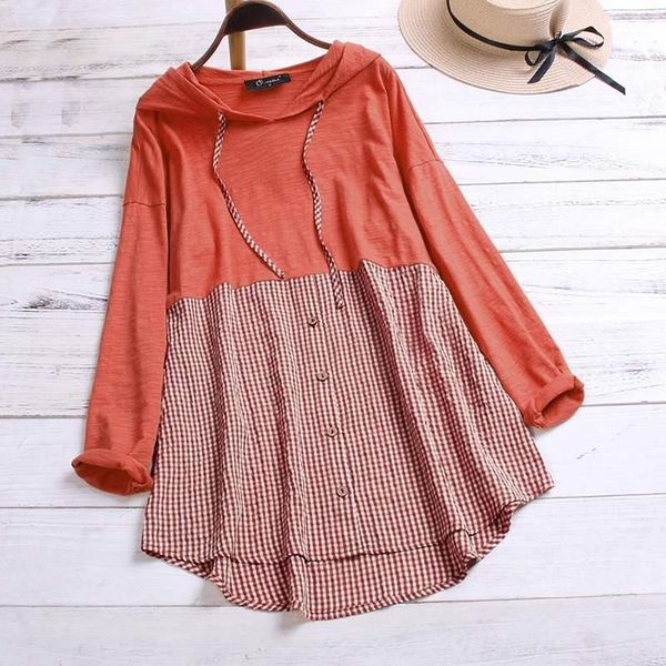 

women's blouses & shirts spring check patchwork blouse zanzea vintage casual plaid women hooded long sleeve cotton blusas chemise femal, White