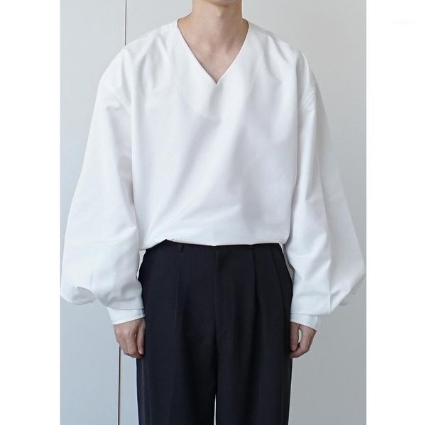 

2020 spring and autumn new youth popular solid color v-neck long-sleeved shirt fashion casual wild loose pullover white s-xl1, White;black