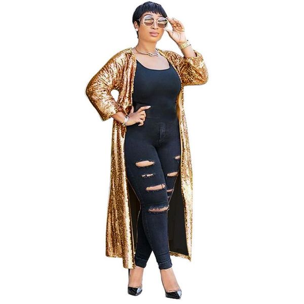 

sparkly gold sequin cardigan women autumn 2021 open front long cardigan coat party glitter long trench coat outwear for women, Tan;black