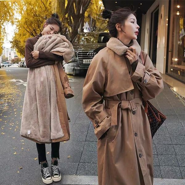 

autumn/winter cotton-padded jacket women's mid-length korean style loose waist padded jacket and velvet windbreaker, Tan;black