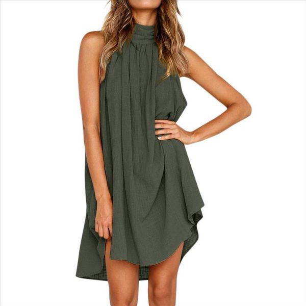 

womens beach dress ladies holiday summer turtleneck dress solid sleeveless party halter loose dresses vestidos festa, Black;gray